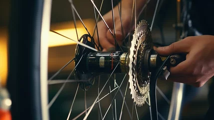 Wandaufkleber Close up hand of male mechanic working in bicycle repair shop, repairing broke bike © Gethuk_Studio