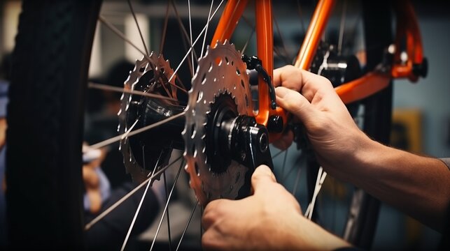 Close up hand of male mechanic working in bicycle repair shop, repairing broke bike