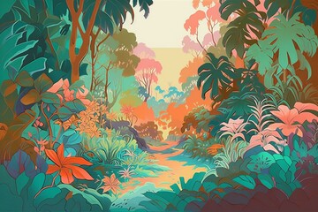 Colorful pastel illustration of a tropical, humid environment with green landscape, trees, vines, and tropical plants. Generative AI