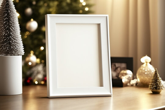 A tabletop photo frame is empty, with a blurry background that is adorned for Christmas with lights and toys. Generative AI