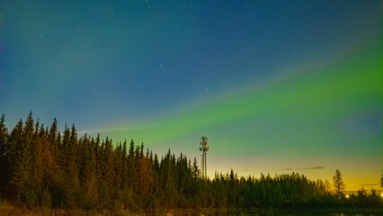 Sunset , Stars, Northern Lights all aligned in one photo in Fairbanks, Alaska - obrazy, fototapety, plakaty