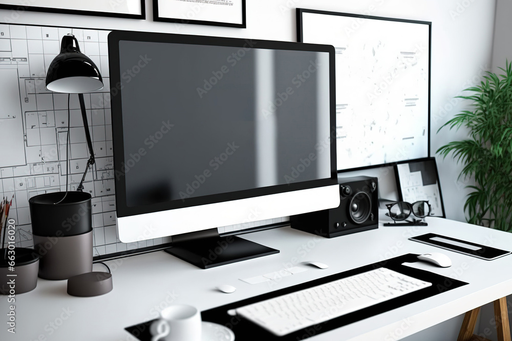 Poster ed workstation mockup with contemporary computer display. generative ai