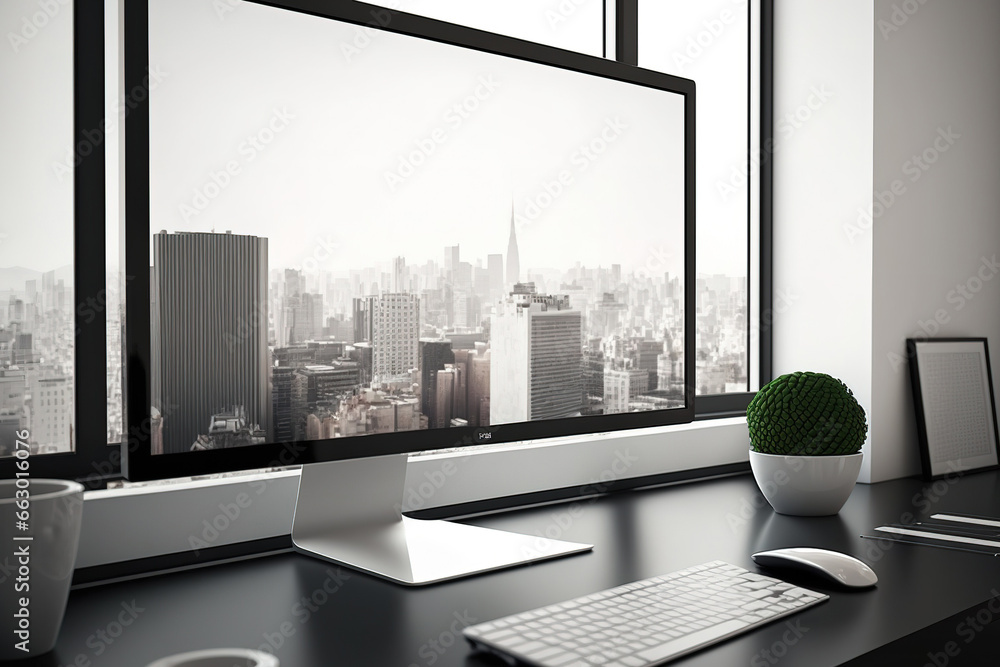 Poster close-up of an empty computer workstation in a modern workplace with city views, natural light, and 