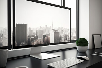 Close-up of an empty computer workstation in a modern workplace with city views, natural light, and copy space on the walls. mockup. Generative AI