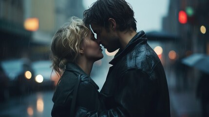 Deeply in love, two young people in an embrace and emotional rapture on the street in heavy rain