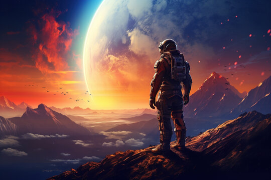 An astronaut with a planet and a sunset on the background
