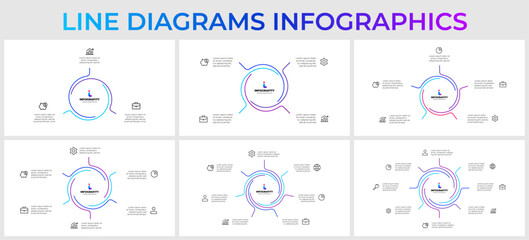 Set of outline abstract elements for infographic. Template for cycle diagram with 3, 4, 5, 6, 7 and 8 options, parts, steps or processes