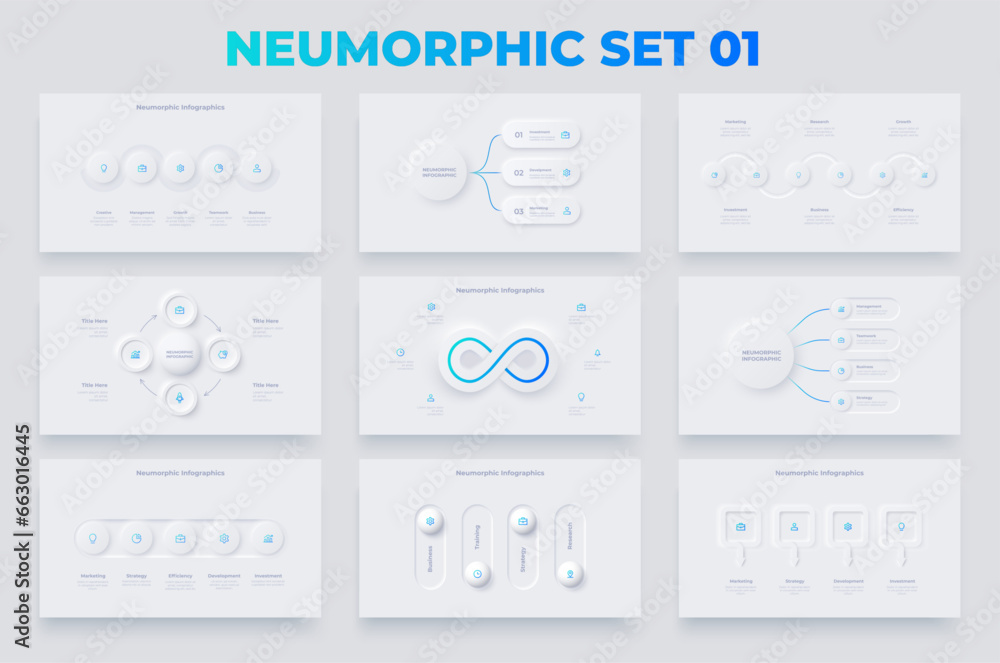 Poster nine slides with neumorphic infographics elements. timelines, rings, flowcharts and cycle diagrams. 