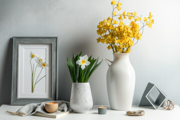 Home decor. Vase of spring flowers. Generative AI