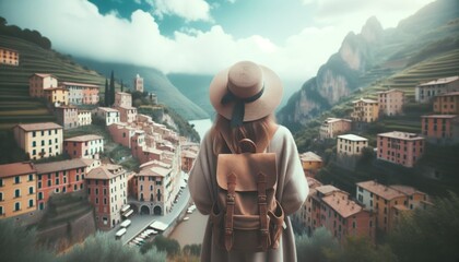 Fototapeta na wymiar Tourist Woman Hat Backpack Vacation Italy Wanderlust Concept