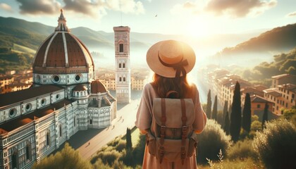 Tourist Woman Hat Backpack Vacation Florence, Italy Wanderlust Concept

 - obrazy, fototapety, plakaty