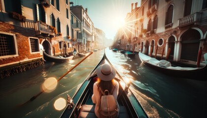 Back view tourist woman hat backpack vacation gondola Venice Wanderlust concept

 - obrazy, fototapety, plakaty