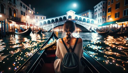 Back view tourist woman hat backpack vacation gondola Venice Wanderlust concept

 - obrazy, fototapety, plakaty