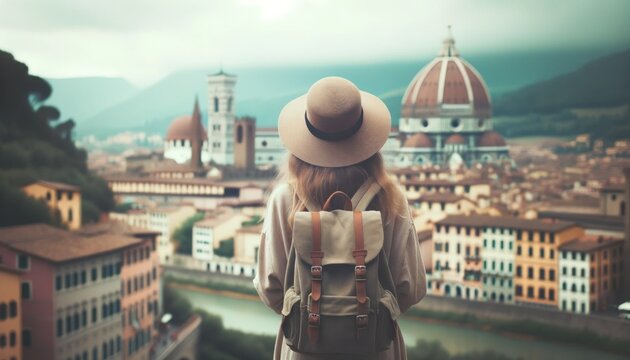 Tourist Woman Hat Backpack Vacation Florence, Italy Wanderlust Concept


