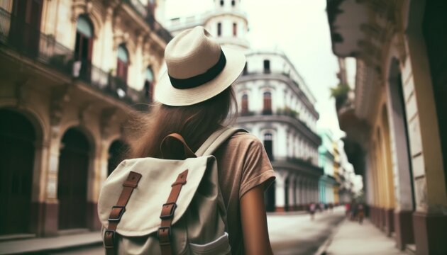 Tourist woman hat backpack vacation Cuba Havana Wanderlust concept

