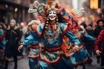 Vibrant Chinese New Year Parade, Colorful Costumes, Energized Streets