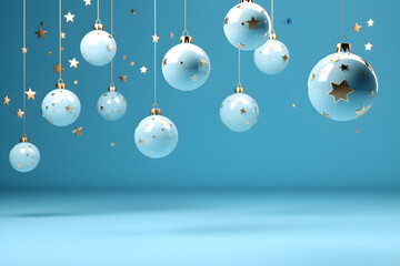Festive Shimmer, Christmas Baubles and Stars Sparkling on Blue Background