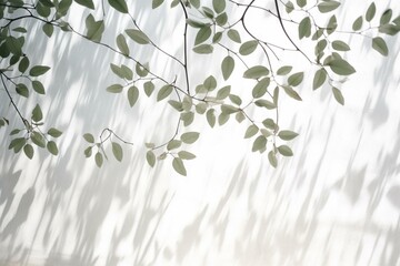 Shadowy summer background with branches and leaves on a white wall. Ideal for photo or mockup overlays. Generative AI