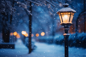 Fototapeta na wymiar street lamp post during winter snow fall