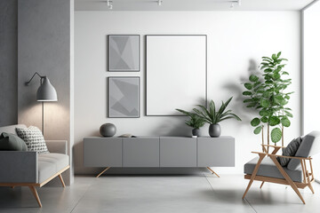 Modern grey living room with trendy lamps, sideboard, two coffee tables, and concrete floor. Mockup. Minimalism. Generative AI