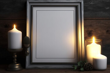 Empty vertical frame template on wooden shelf with two candles. Timber background. Generative AI