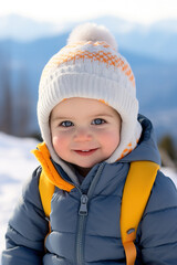 Fototapeta na wymiar Happy little baby wearing winter jacket and beanie enjoying sunny day in the snow