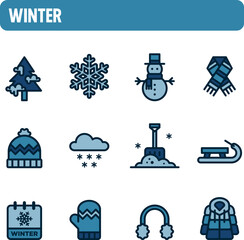 Fototapeta na wymiar Winter icons. Winter solstice vector set. Color icon design. Cold and snow season.