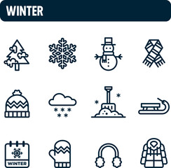Winter icons. Winter solstice vector set. Outline icon design. Cold and snow season.