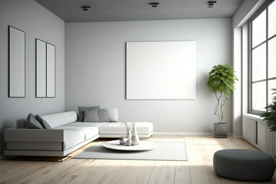 A white sofa, a canvas on the wall, a parquet floor, a room painted white and gray, and an apartment devoid of furnishings. Arrangement of the design. Generative AI