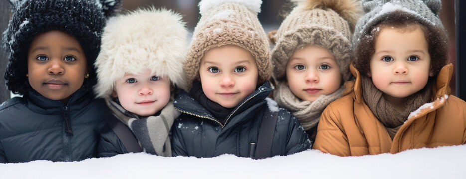 Multi ethnic children headshot portrait in the snow. Close up shot