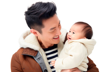 Asian father holding his newborn baby in his arms posing over isolated transparent background