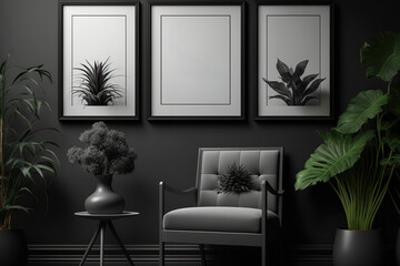 Gallery wall with three photo frames in monochromatic flat black and dark gray room with solitary chair and plants, picture frame mock-up. Generative AI