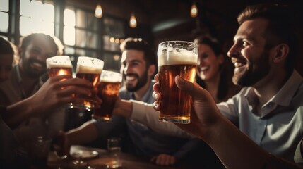 Close friends in a bustling pub, raising their glasses for a toast amidst lively conversations and laughter. - obrazy, fototapety, plakaty