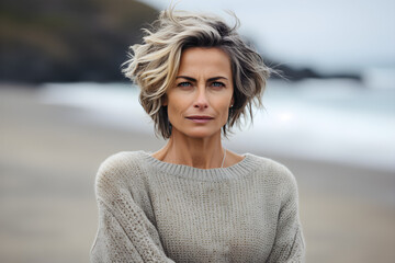 Sincere midlife woman in cozy sweater against serene beach background
