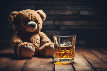 a teddy bear representing a child drinking whiskey alone to illustrate the issue of alcoholism in children. Generative AI - obrazy, fototapety, plakaty