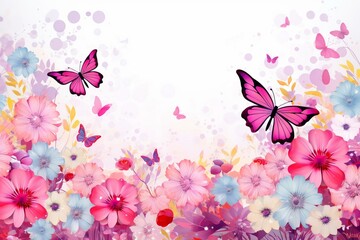 Colorful flowers, butterflies, pink banner - perfect for spring, summer, Easter or holiday background. Generative AI