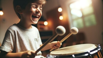 Close-up image in a music studio with soft indoor lighting. A child of a particular descent gleefully plays a drum with mallets - obrazy, fototapety, plakaty