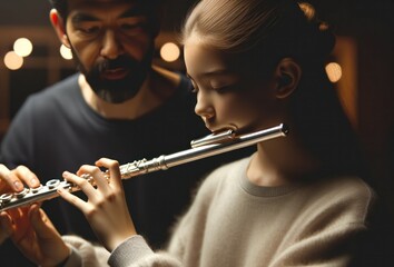 Detailed shot in a music room illuminated by ambient indoor lights. A girl, with a distinct skin tone, gracefully holds a flute