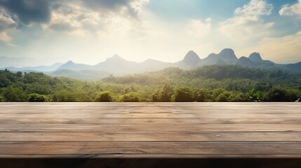 Natural Elegance. Empty wooden table set against a breathtaking landscape, bathed in daylight
