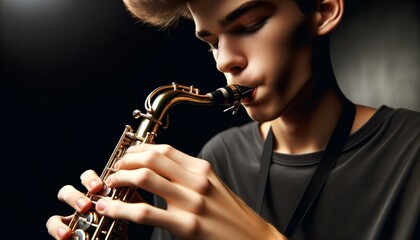 Close-up photo under indoor lighting of a cool teenager with a medium complexion blowing into a saxophone. - obrazy, fototapety, plakaty