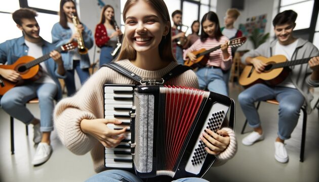 Close-up photo under indoor lighting of a cheerful girl with a medium complexion playing an accordion.