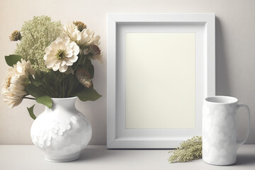 a white vase and frame with text space product mockup. Generative AI
