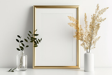 Minimalist gold frame on white table with white wall. Generative AI
