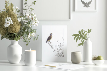 Blank paper card, vase of flowers, bird, and white table lamp. Happy Mothers Day card mockup in scandinavian living room. Generative AI