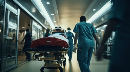 Stretcher and parademics in emergency hospital corridor
