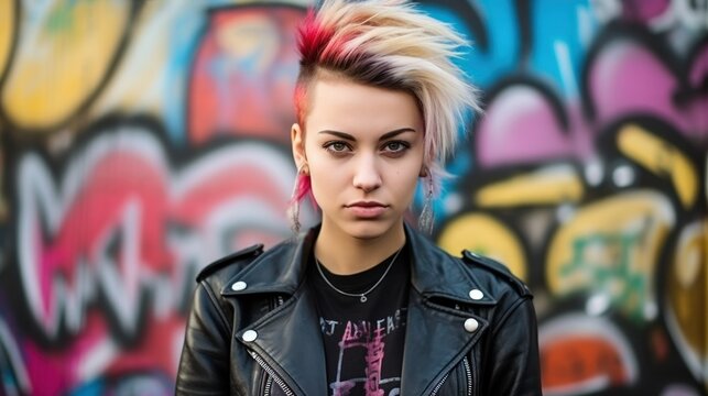 A punk rock enthusiast in a leather jacket and band tees, stands by a graffiti wall, her attire paying homage to her rebellious musical roots.