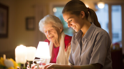A health aide at a patient's home, assisting with personal care tasks, offering support and companionship.