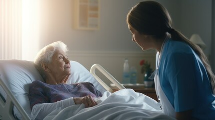 A nurse in a hospital room, gently adjusting the blanket of an elderly patient, showing care and empathy.