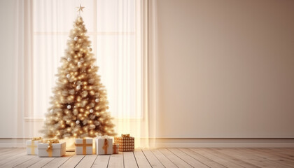 The Christmas tree standing on the wooden floor against a blank wall