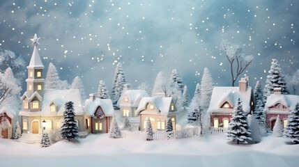 House in christmas village with snow covered houses in pine forest. Countryside houses with lights. Christmas holidays, cute country homes, snow in nature, Xmas eve greeting card.